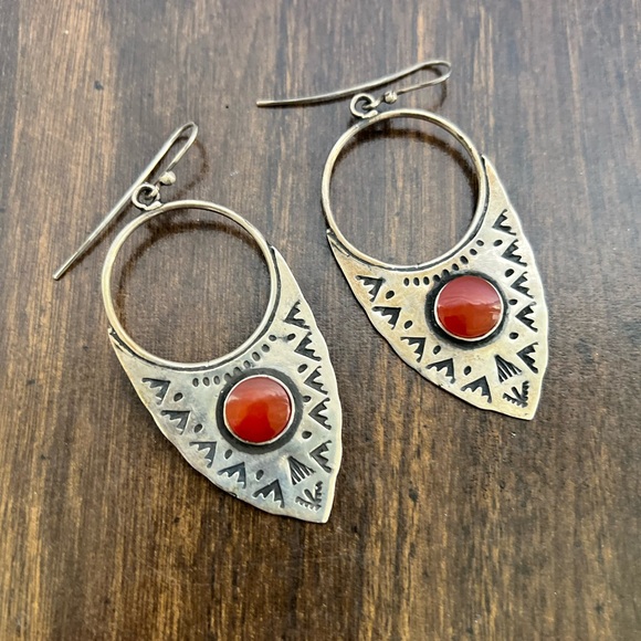 Sterling Silver 925 Handmade Carnelian Gemstone Earrings - Boho Ethnic Triangle - Picture 4 of 8
